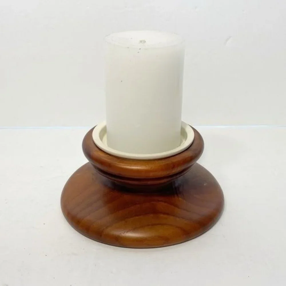 Vintage Teak Wood Pillar Candle Holder White Ceramic Insert Mid Century Modern